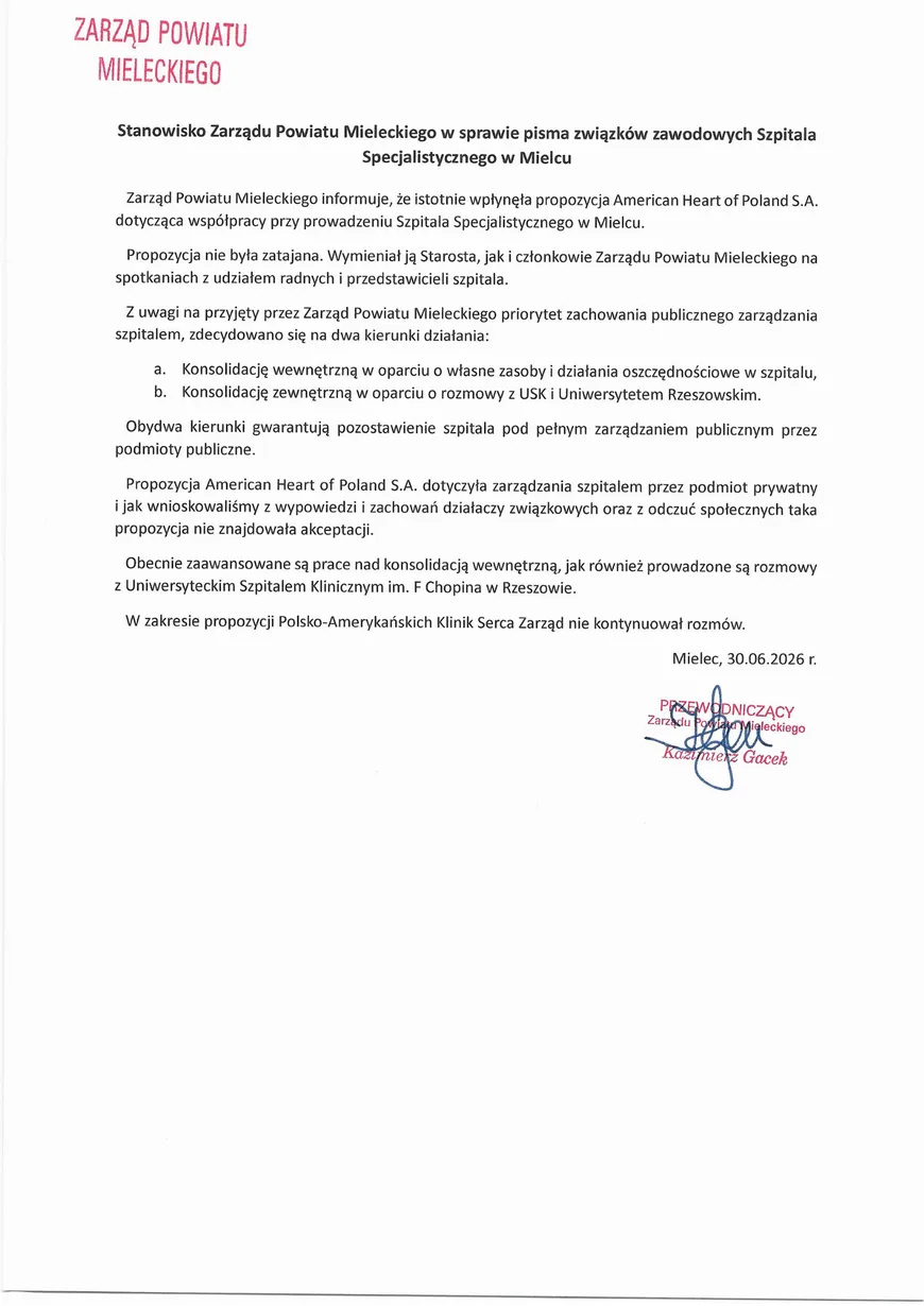 Zarząd Powiatu Mieleckiego odnosi się do pisma związków zawodowych szpitala