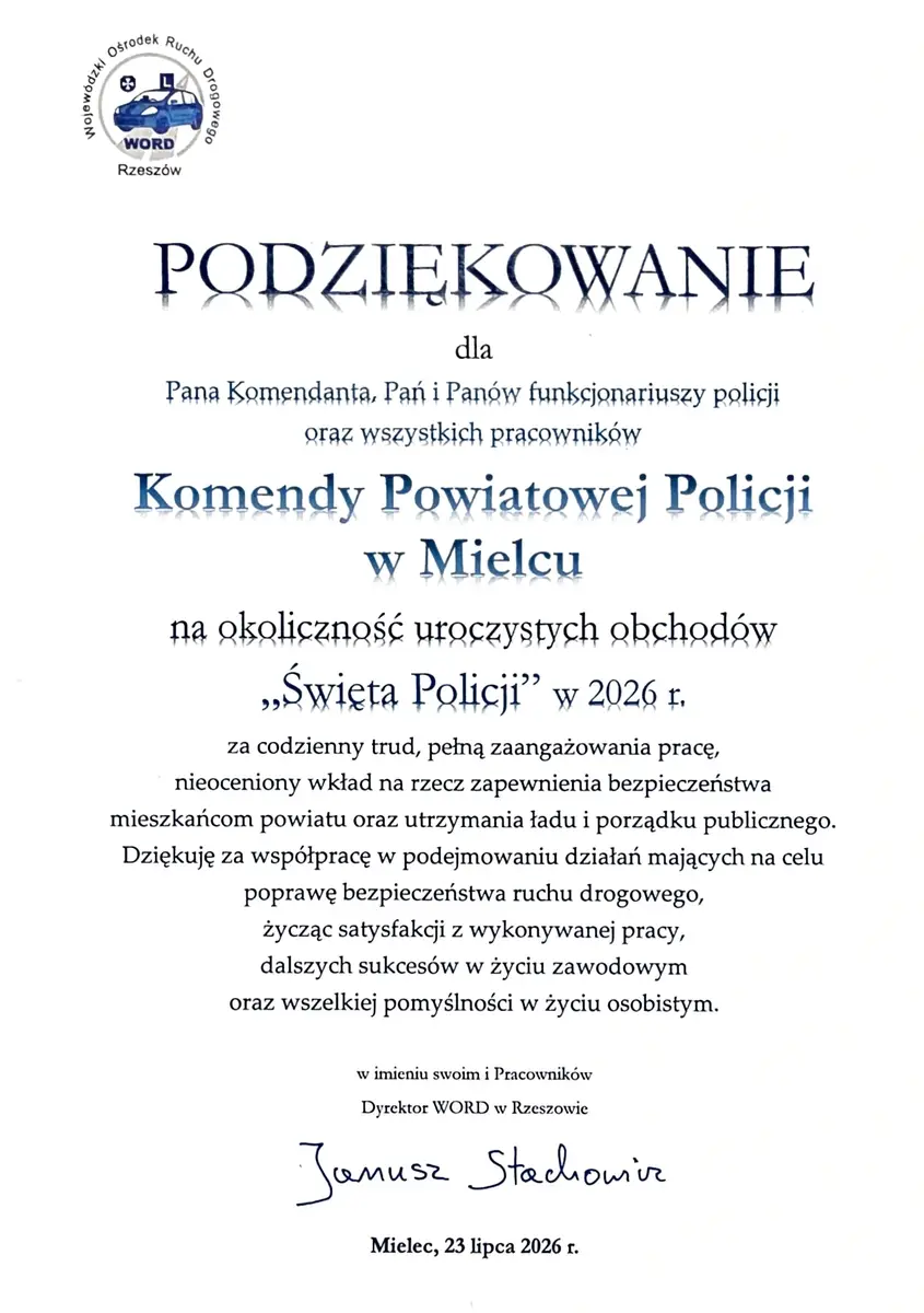 Życzenia i podziękowania dla mieleckiej policji z okazji Święta Policji